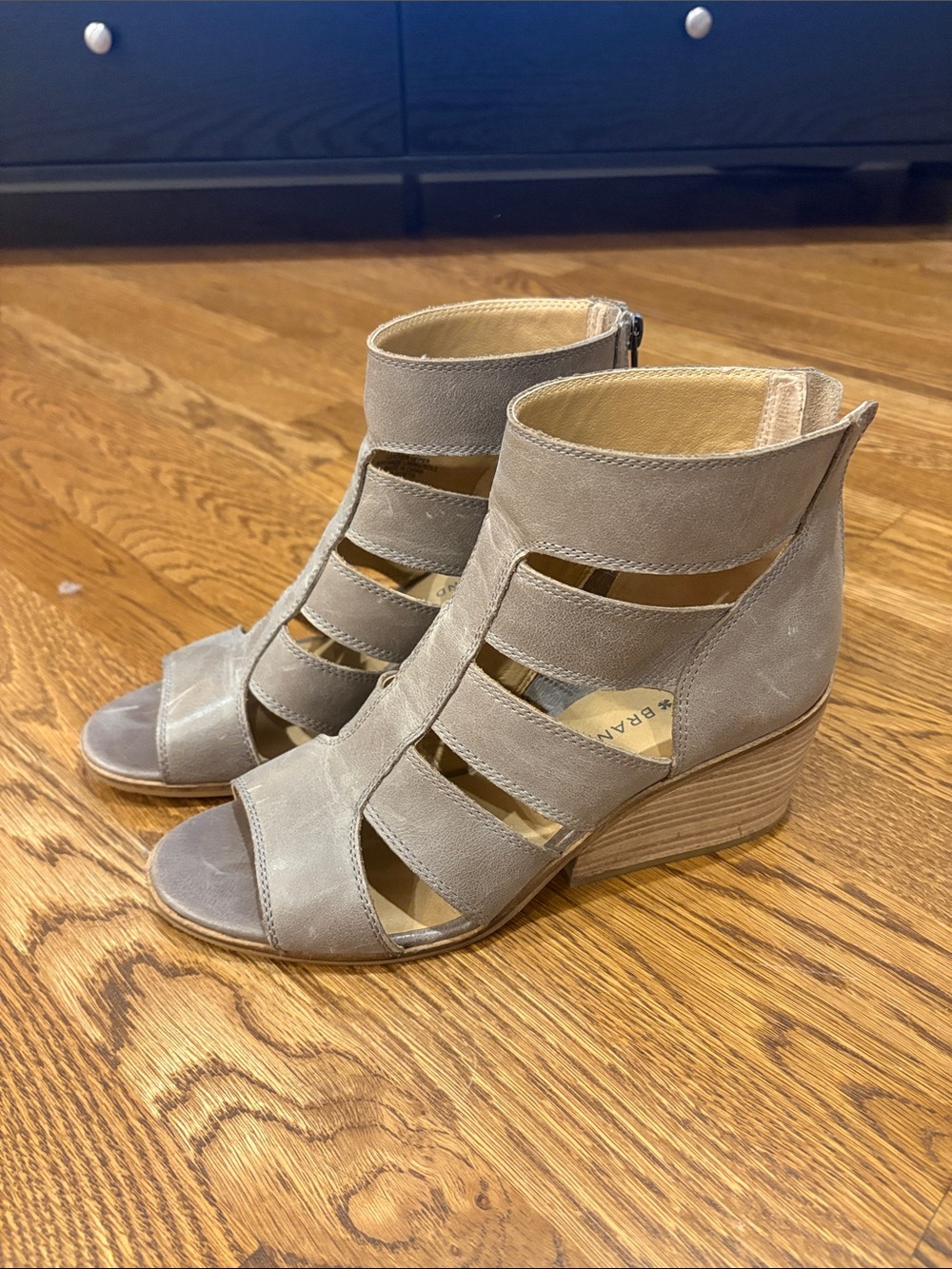 Lucky Brand Taupe Cutout Suede Wedge Sandals